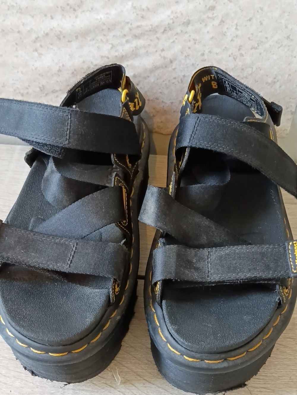Dr. Martens Black Platform Sandals with Yellow Stitching